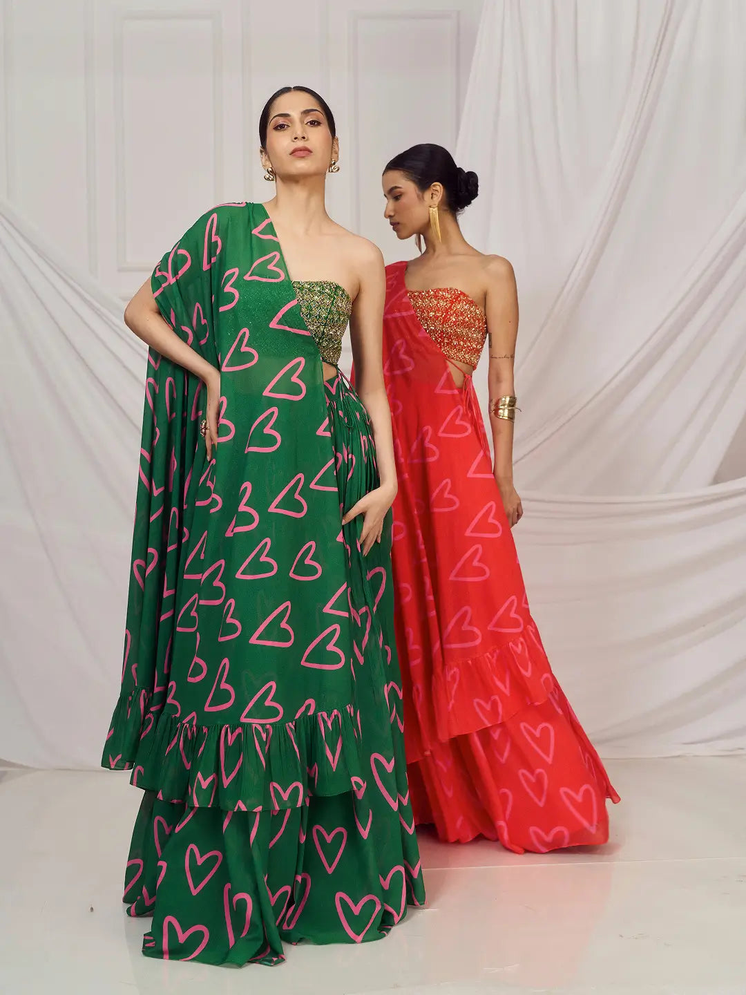 Red Heart Cape and Lehenga Set