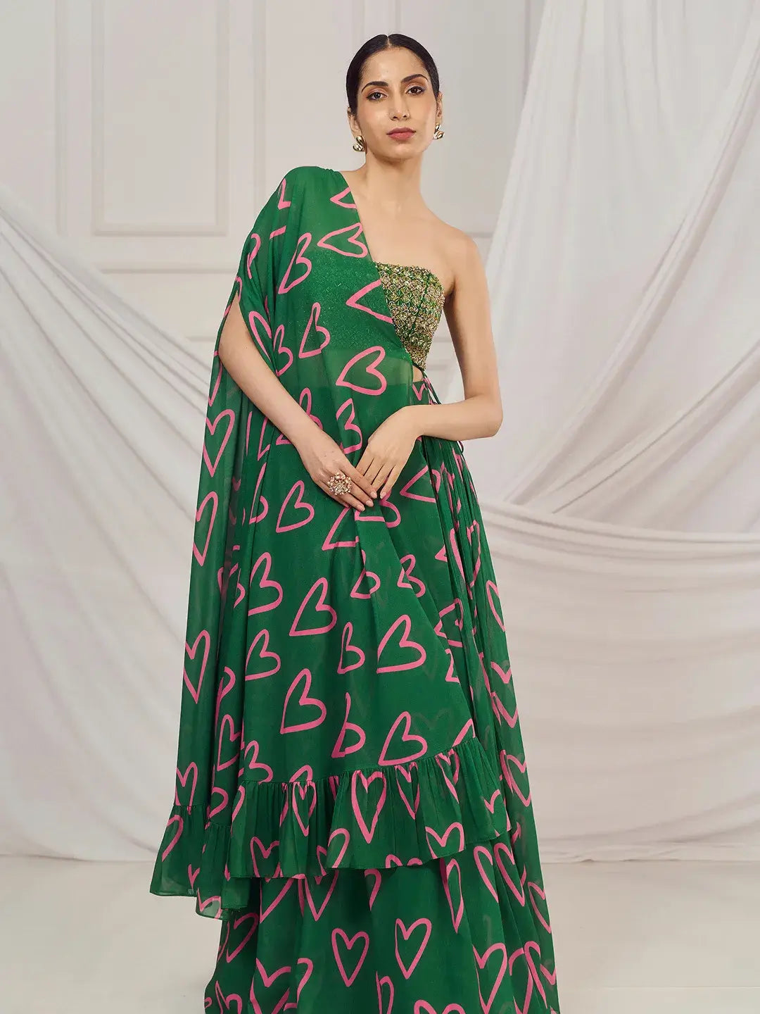 Dark Green Heart Cape and Lehenga Set