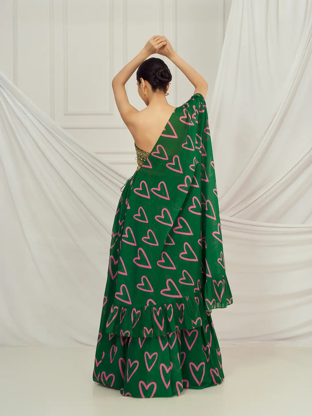 Dark Green Heart Cape and Lehenga Set