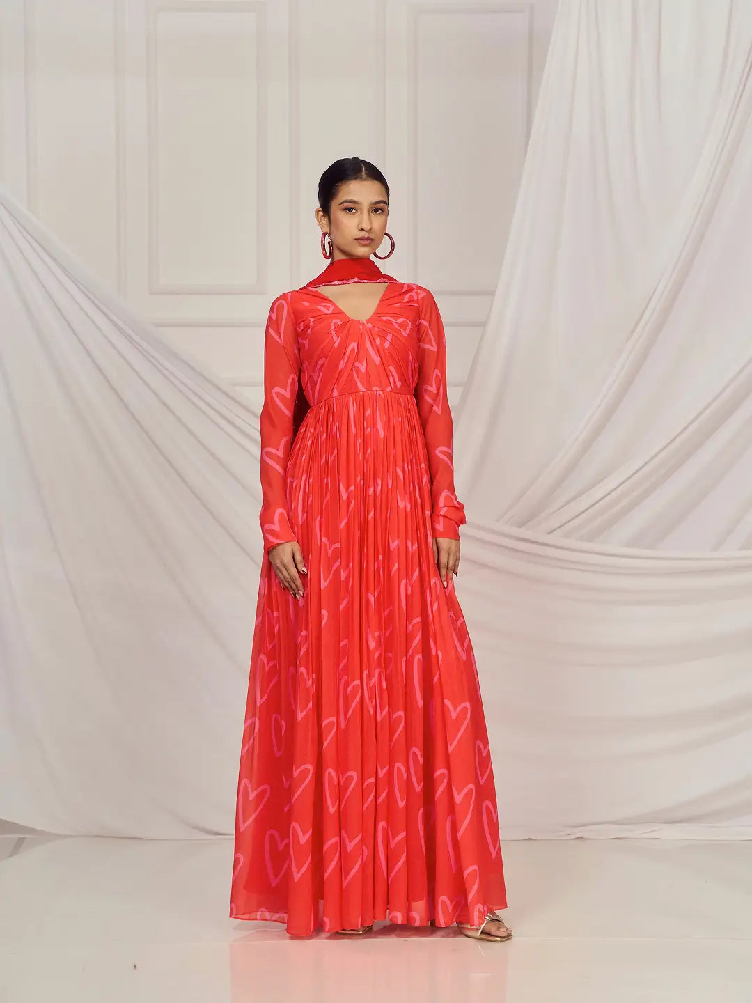 Red Heart Back Knot Anarkali Set