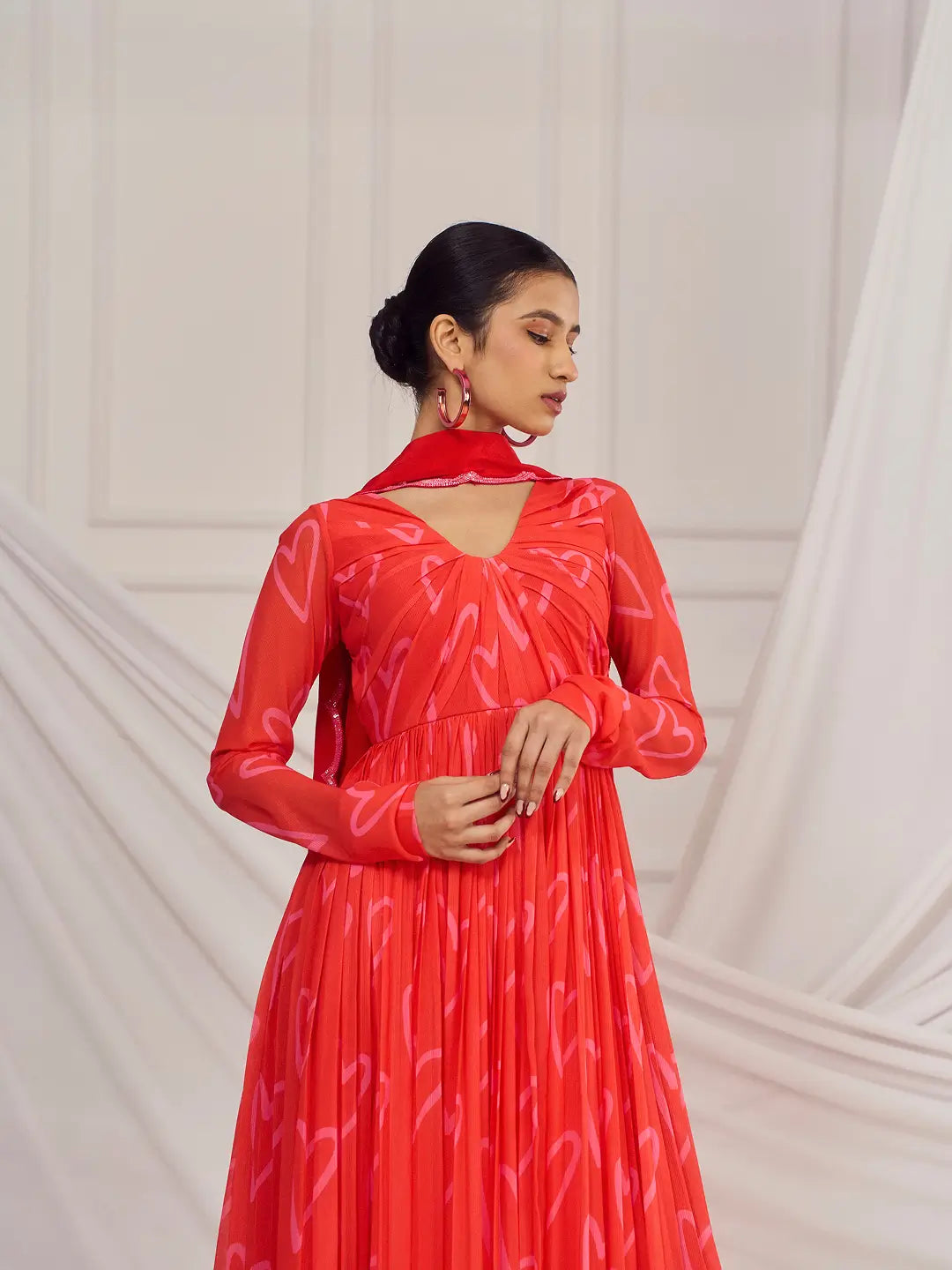 Red Heart Back Knot Anarkali Set