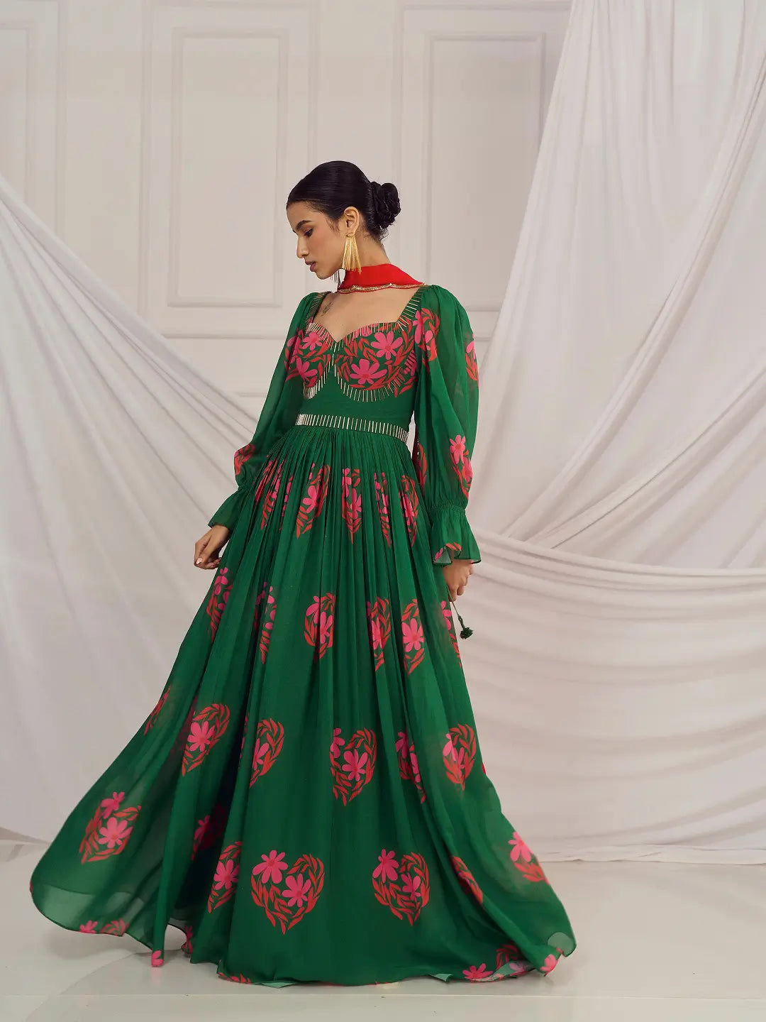 Dark Green Floral Heart British Sleeves Anarkali Set