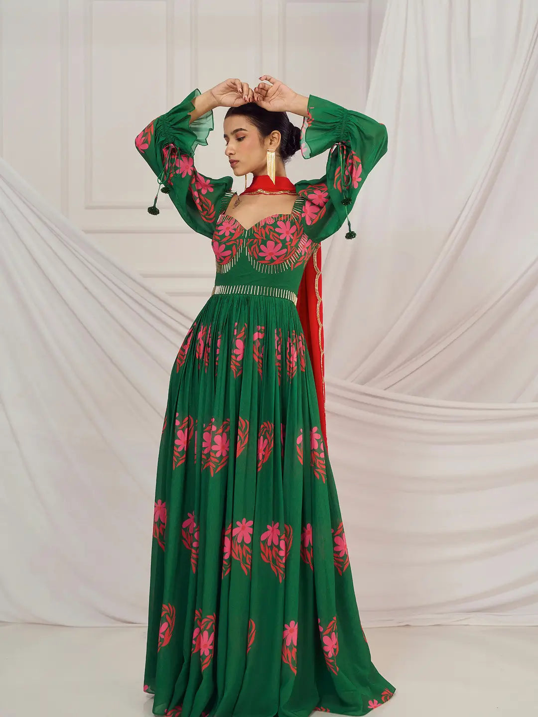 Dark Green Floral Heart British Sleeves Anarkali Set