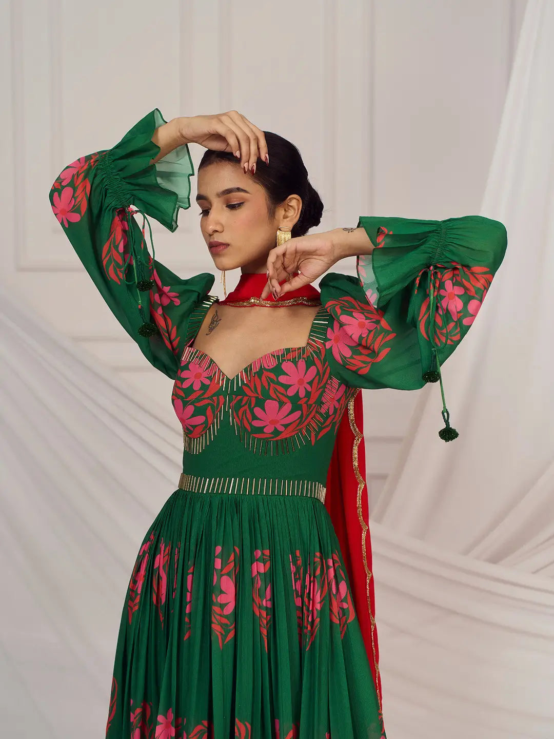 Dark Green Floral Heart British Sleeves Anarkali Set