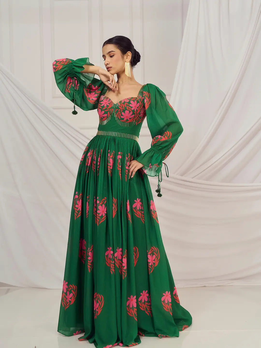 Dark Green Floral Heart British Sleeves Anarkali Set