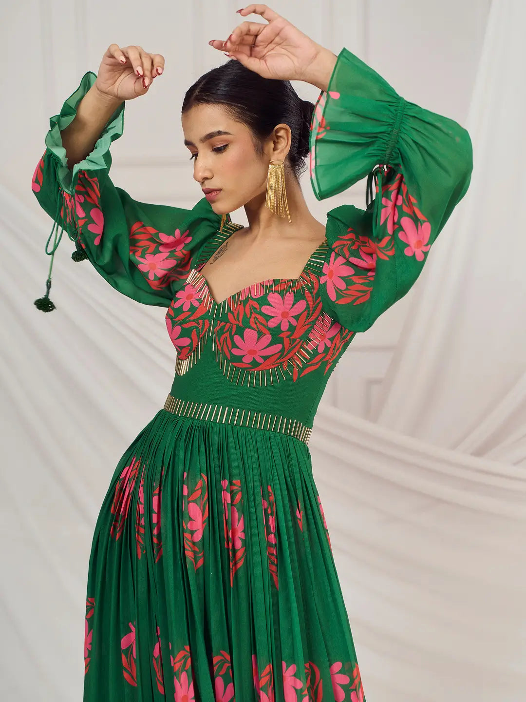 Dark Green Floral Heart British Sleeves Anarkali Set
