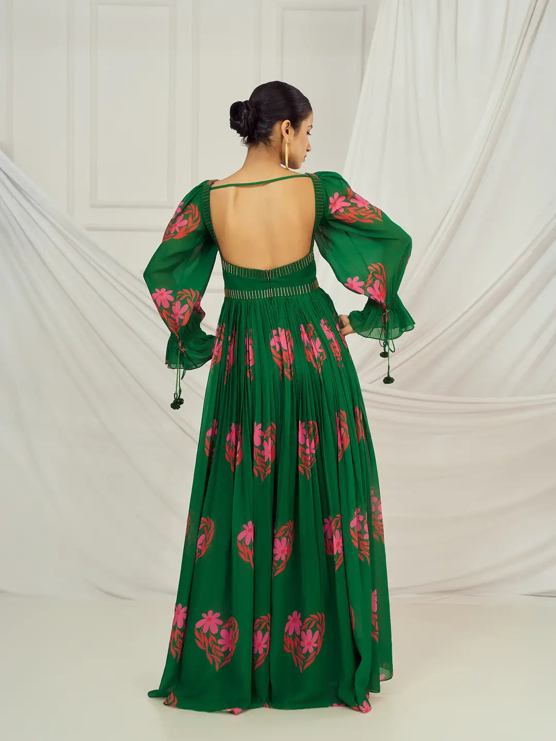 Dark Green Floral Heart British Sleeves Anarkali Set