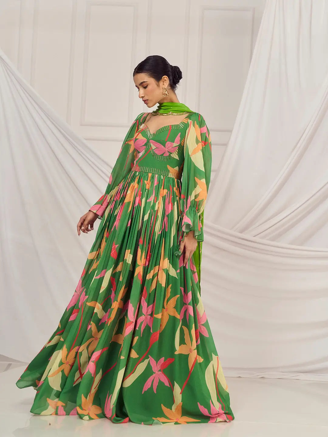Leaf Green Floral British Sleeves Anarkali Set