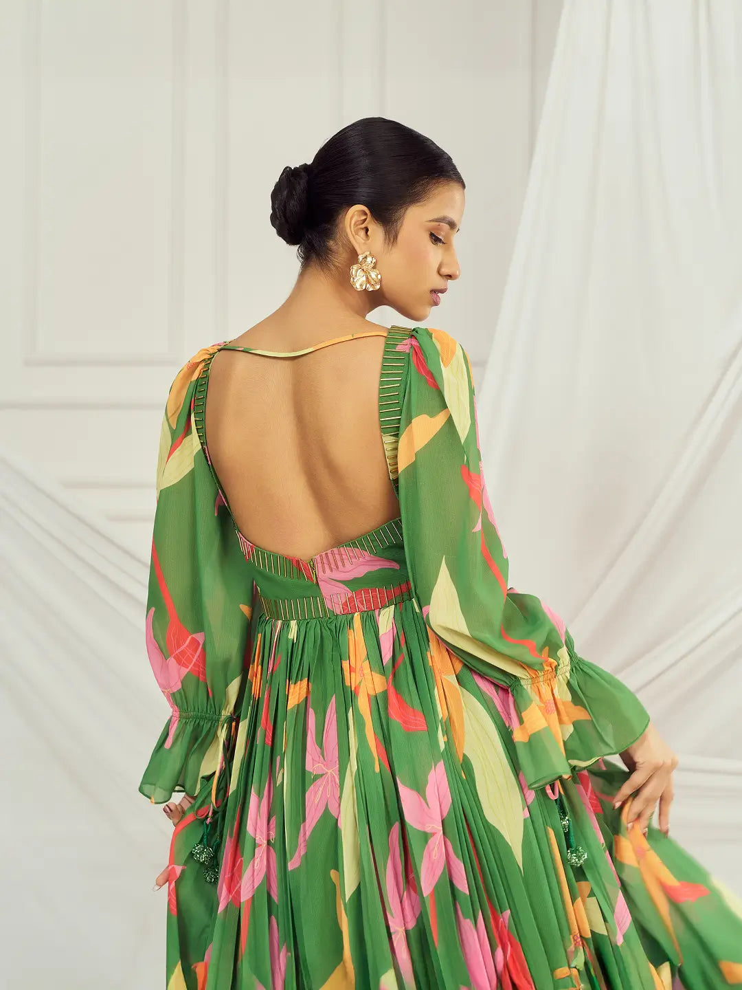 Leaf Green Floral British Sleeves Anarkali Set
