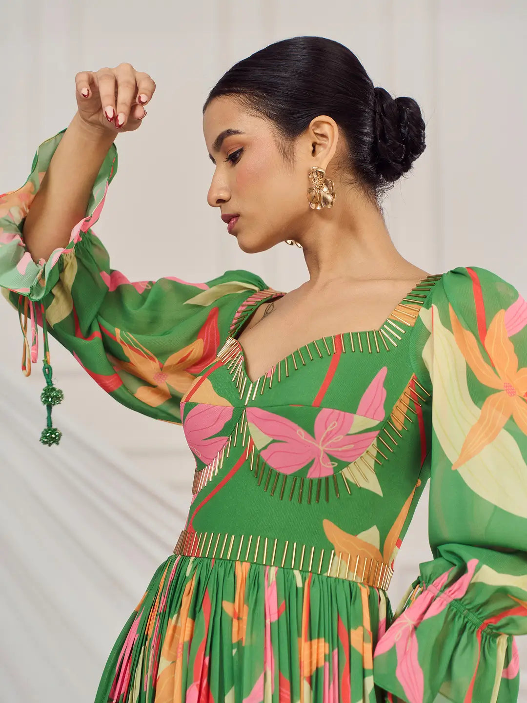 Leaf Green Floral British Sleeves Anarkali Set