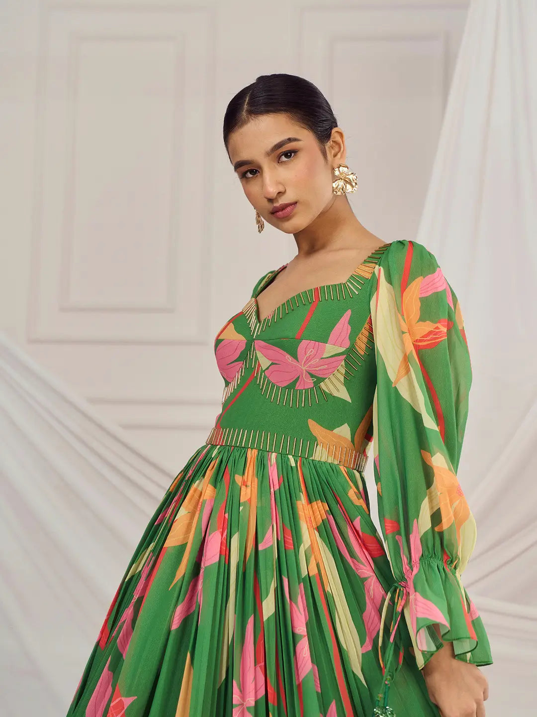 Leaf Green Floral British Sleeves Anarkali Set