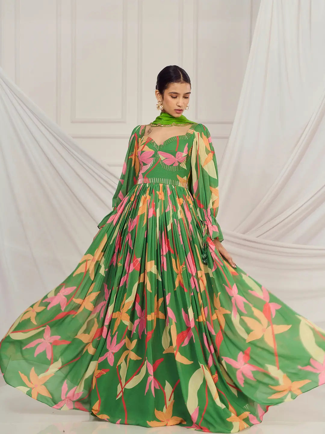 Leaf Green Floral British Sleeves Anarkali Set