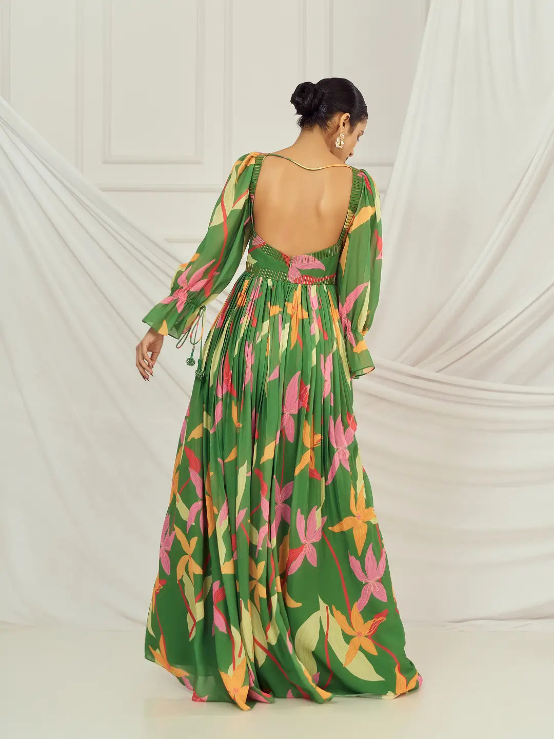 Leaf Green Floral British Sleeves Anarkali Set