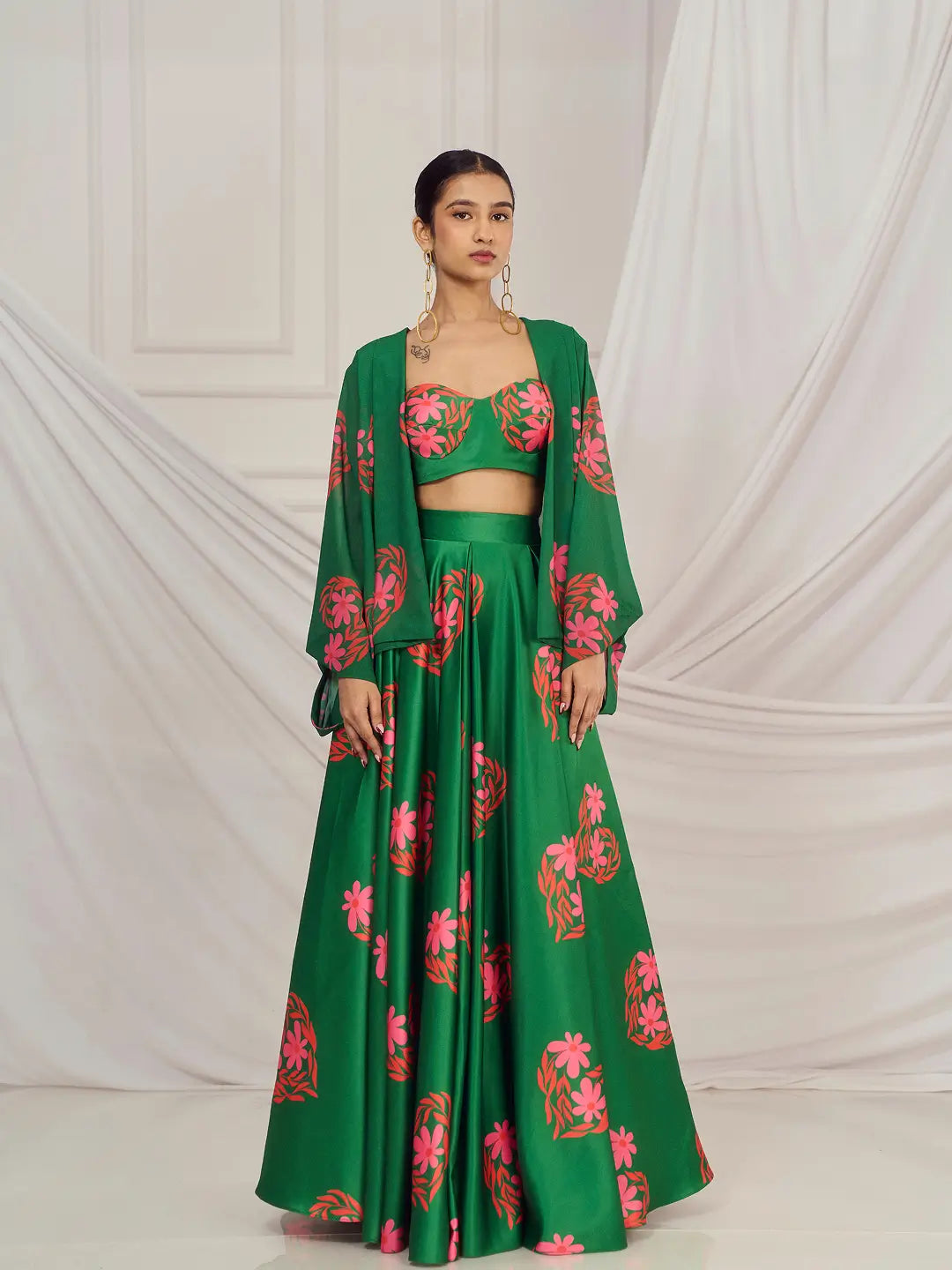 Dark Green Floral Heart Kaftan Shrug Lehenga Set