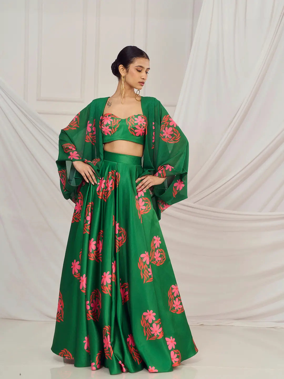 Dark Green Floral Heart Kaftan Shrug Lehenga Set