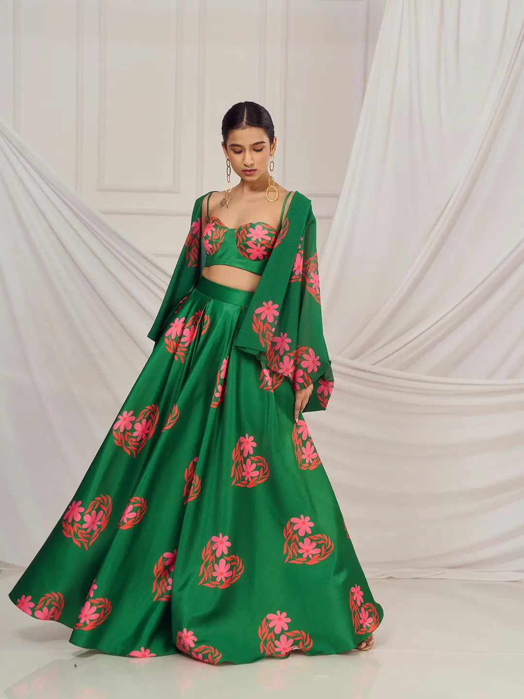 Dark Green Floral Heart Kaftan Shrug Lehenga Set