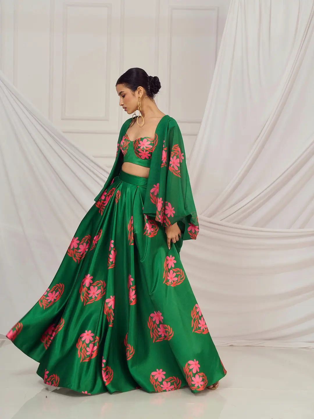 Dark Green Floral Heart Kaftan Shrug Lehenga Set
