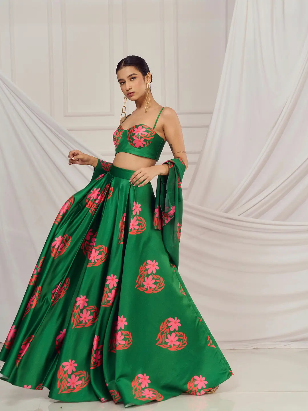 Dark Green Floral Heart Kaftan Shrug Lehenga Set
