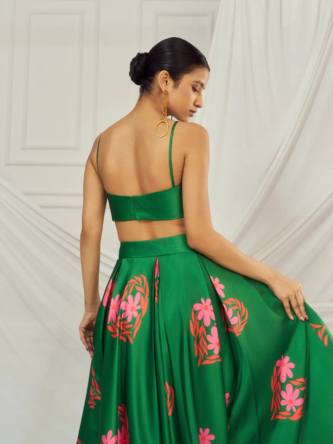 Dark Green Floral Heart Kaftan Shrug Lehenga Set