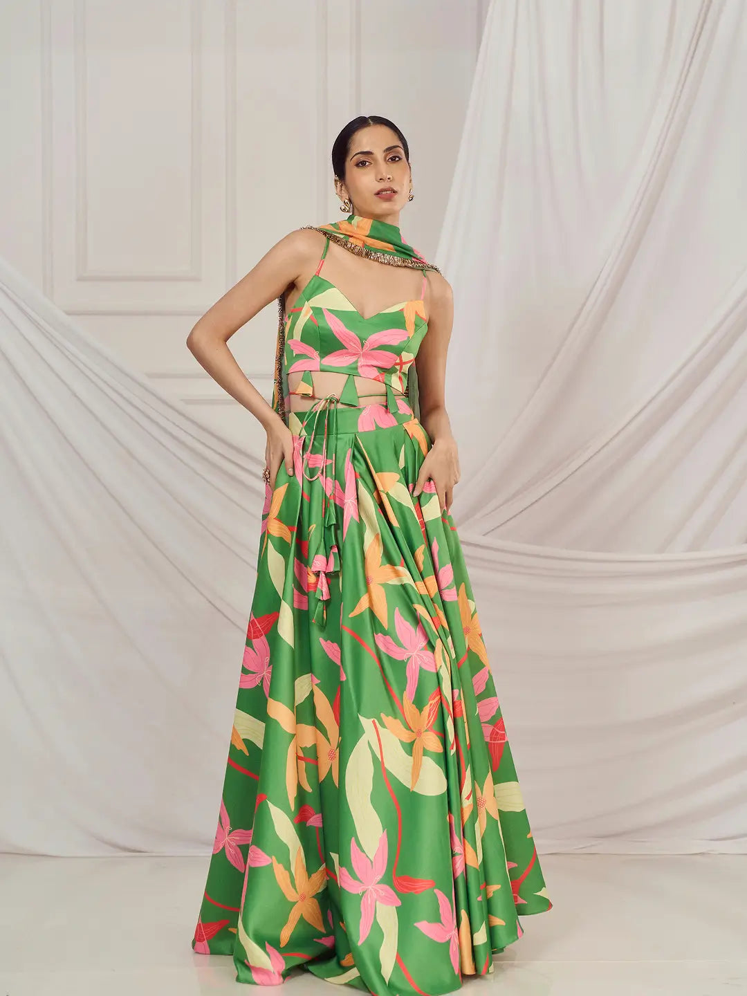 Leaf Green Floral Print Lehenga Set