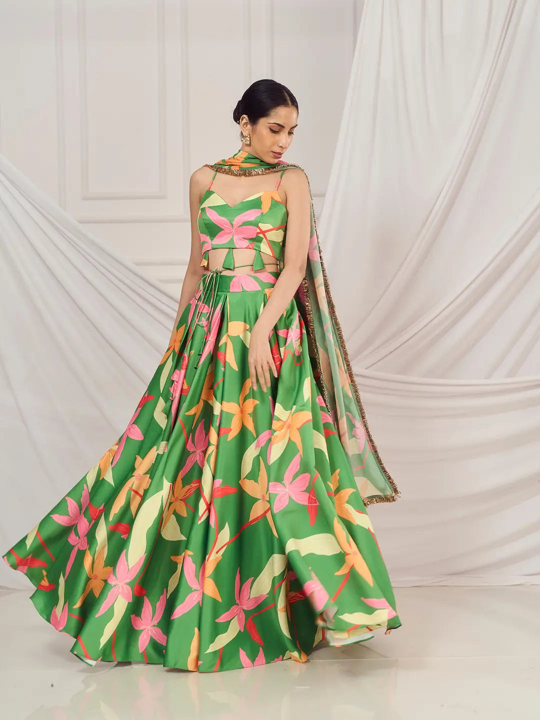 Leaf Green Floral Print Lehenga Set