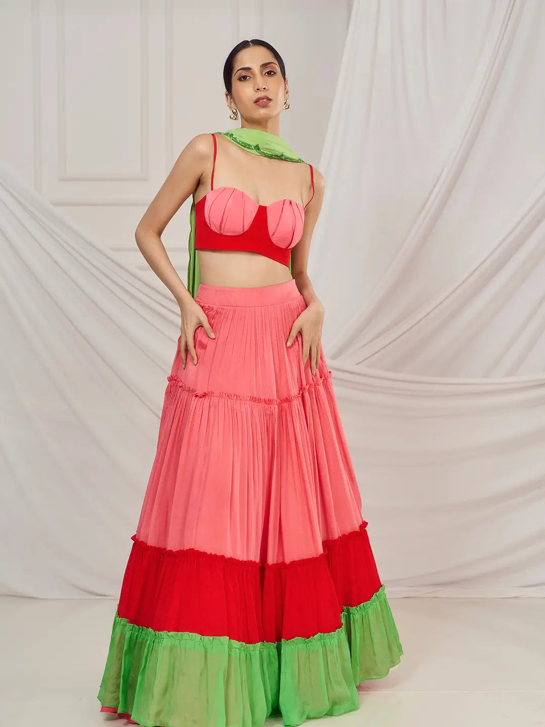 Baby Pink Tiered Lehenga Set