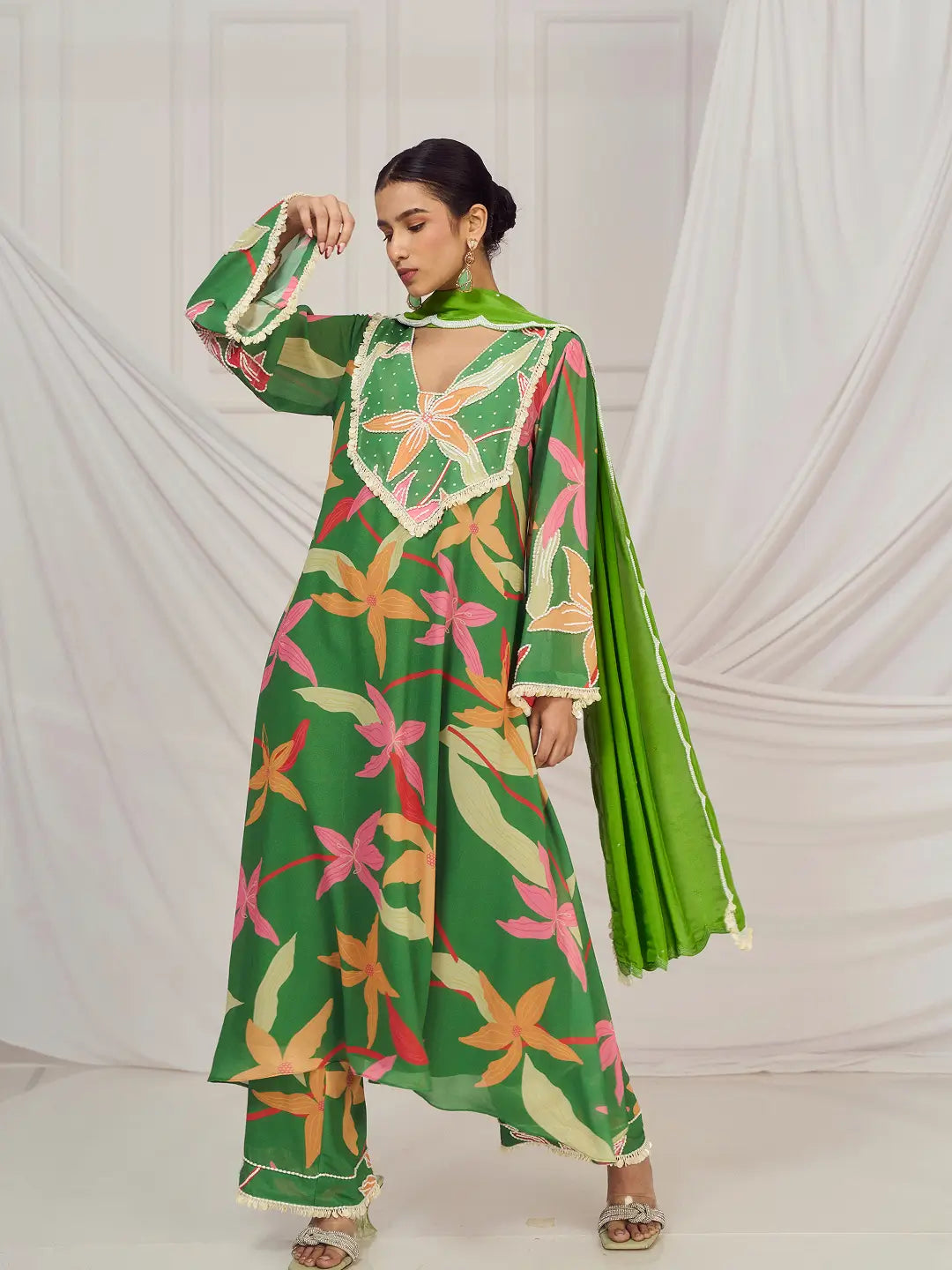 Leaf Green Print Kurti Set