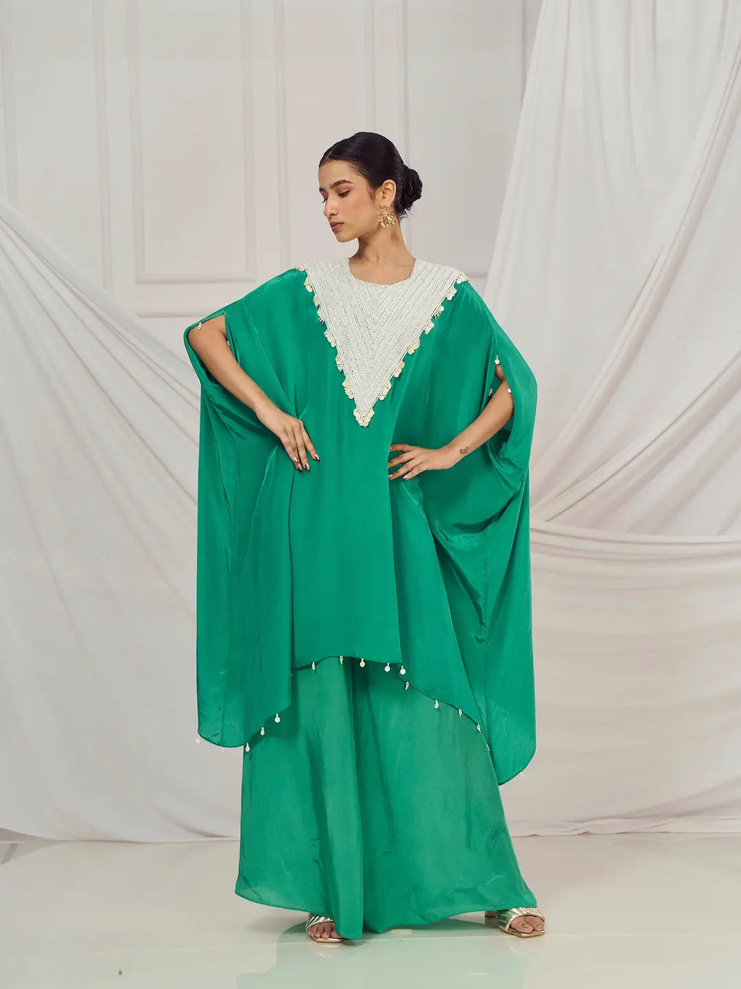 Rama Green Pearl Embroidered Kaftan Set