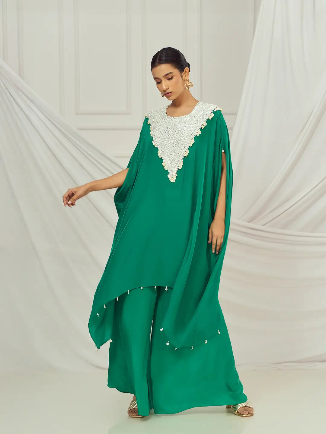 Rama Green Pearl Embroidered Kaftan Set