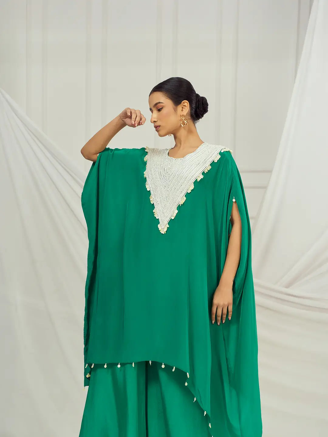 Rama Green Pearl Embroidered Kaftan Set