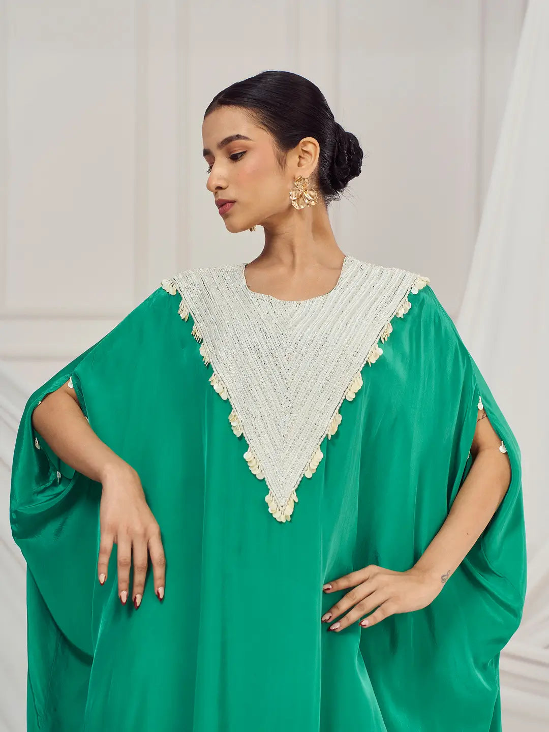 Rama Green Pearl Embroidered Kaftan Set