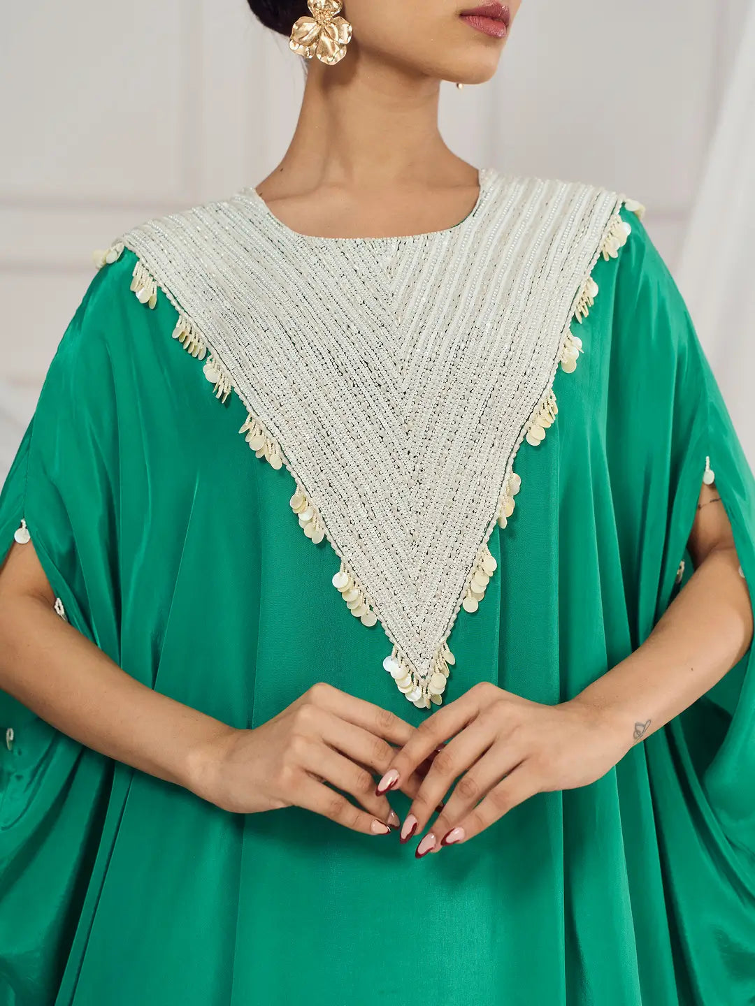 Rama Green Pearl Embroidered Kaftan Set