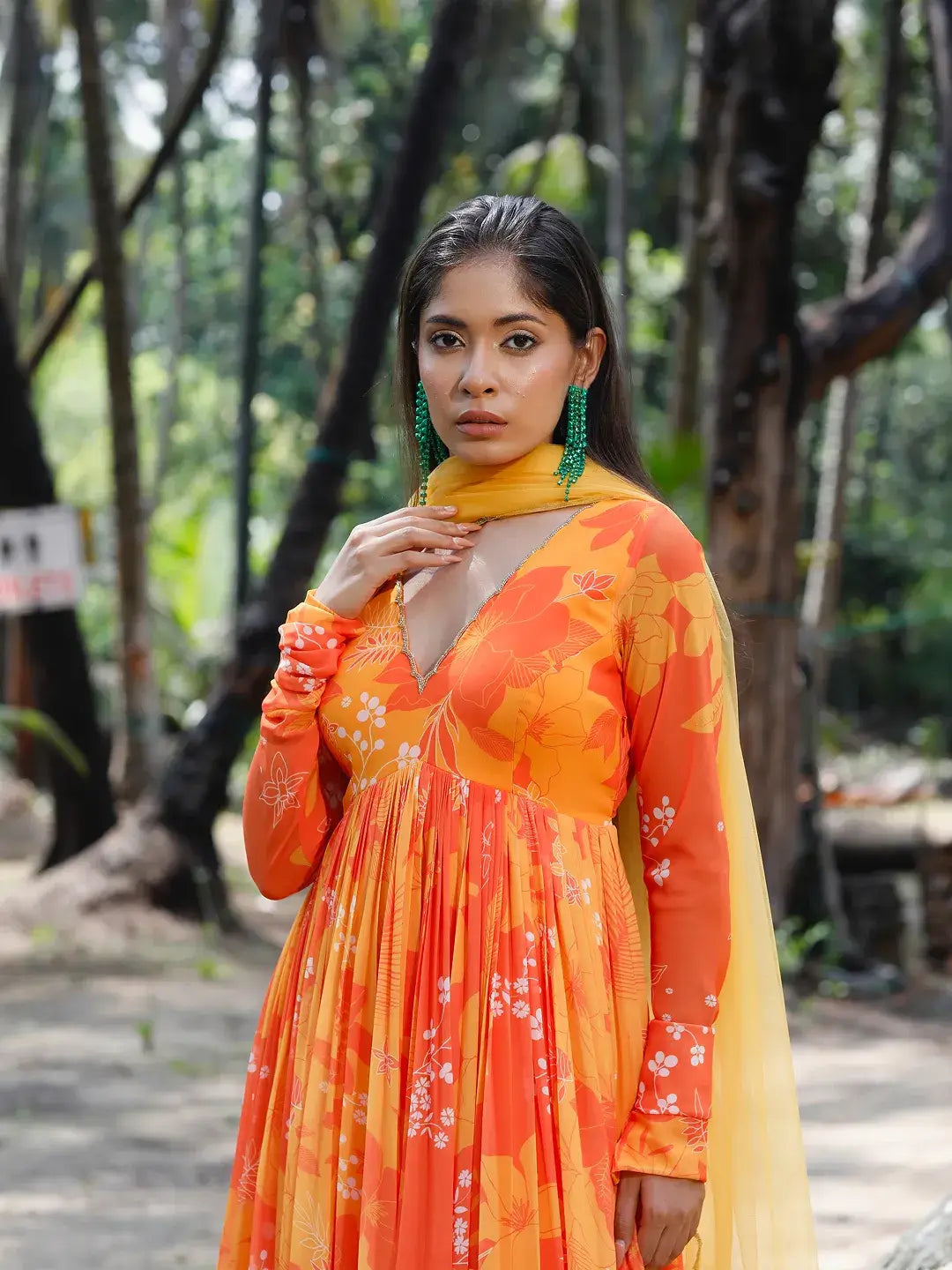 Yellow/Orange Printed Scallop Anarkali Set