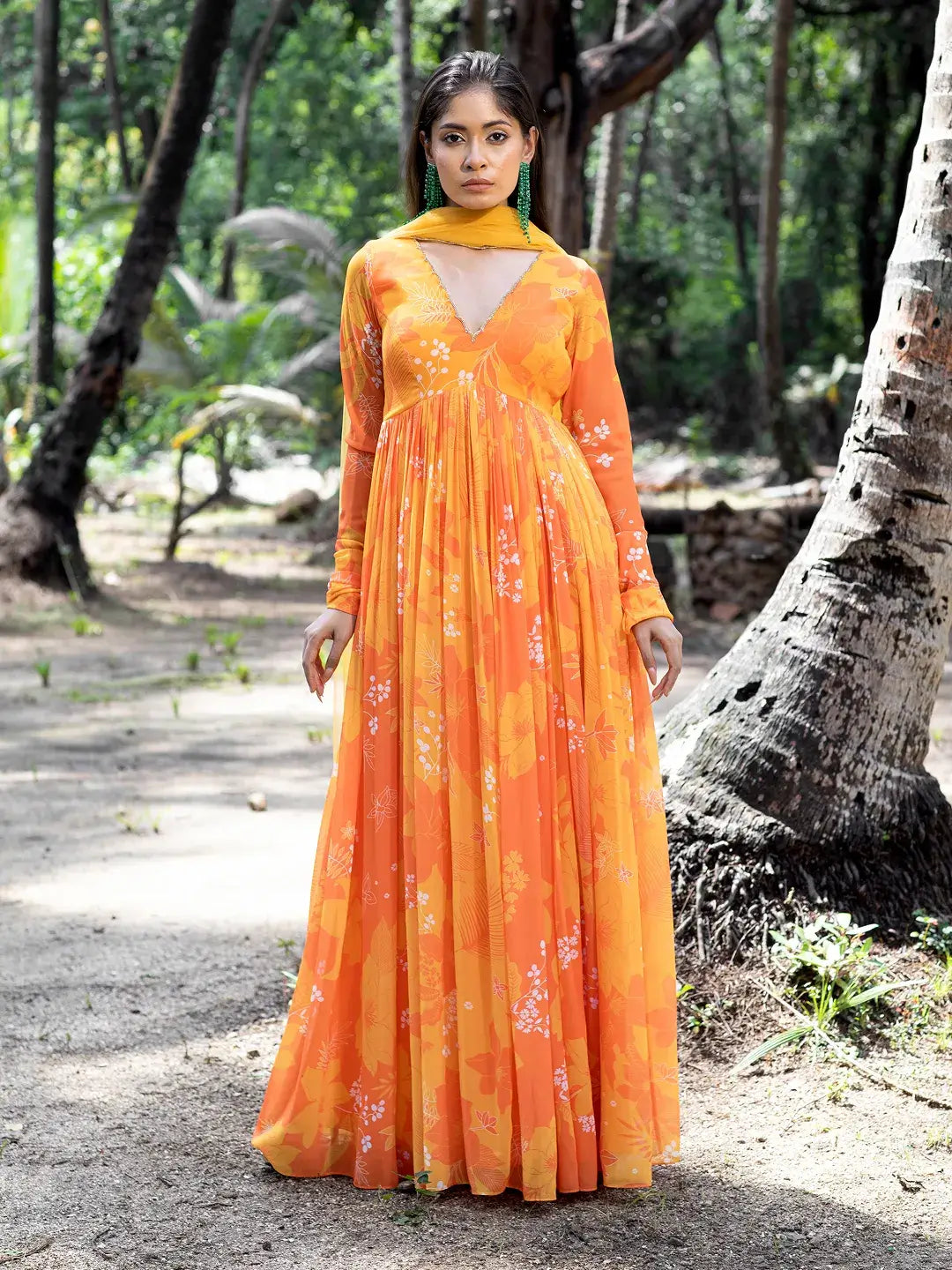 Yellow/Orange Printed Scallop Anarkali Set