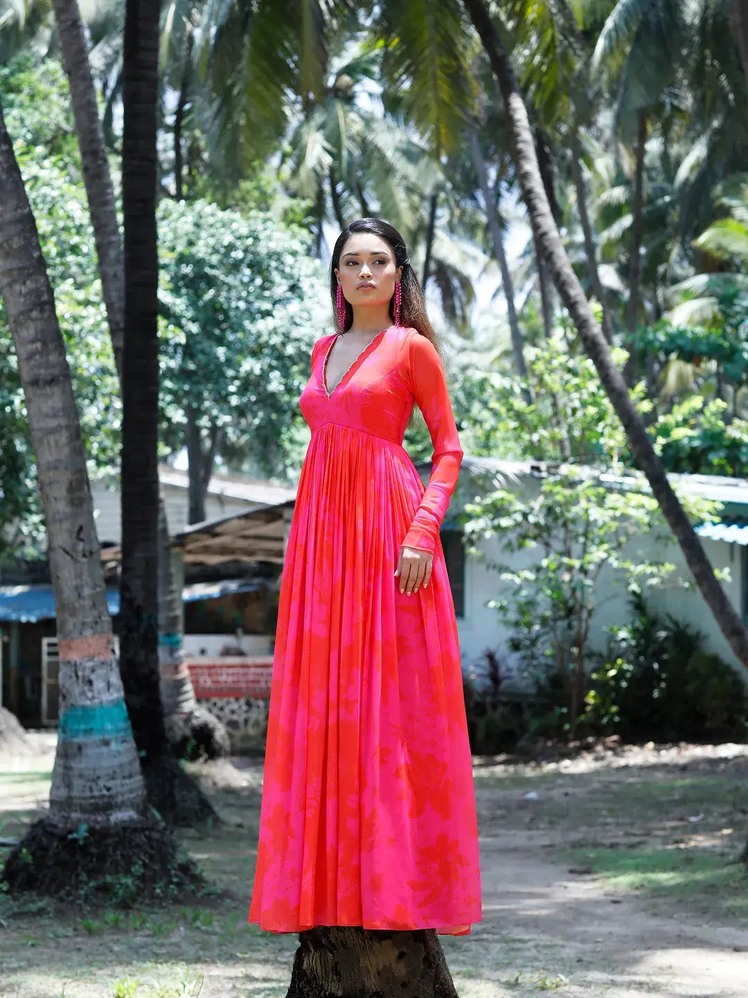 Pink/Red Printed Scallop Anarkali Set