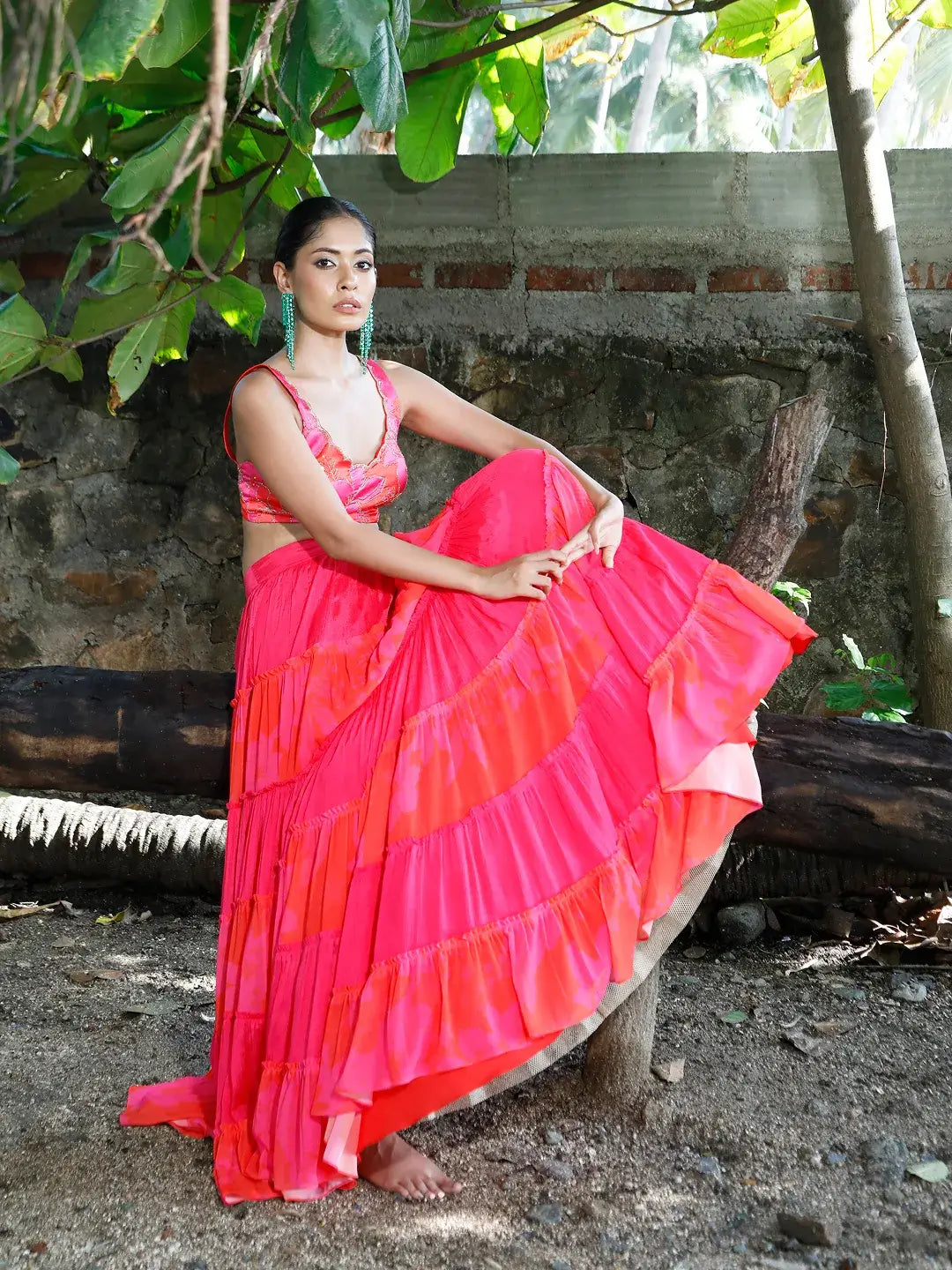 Pink/Red Printed Tiered Lehenga Set