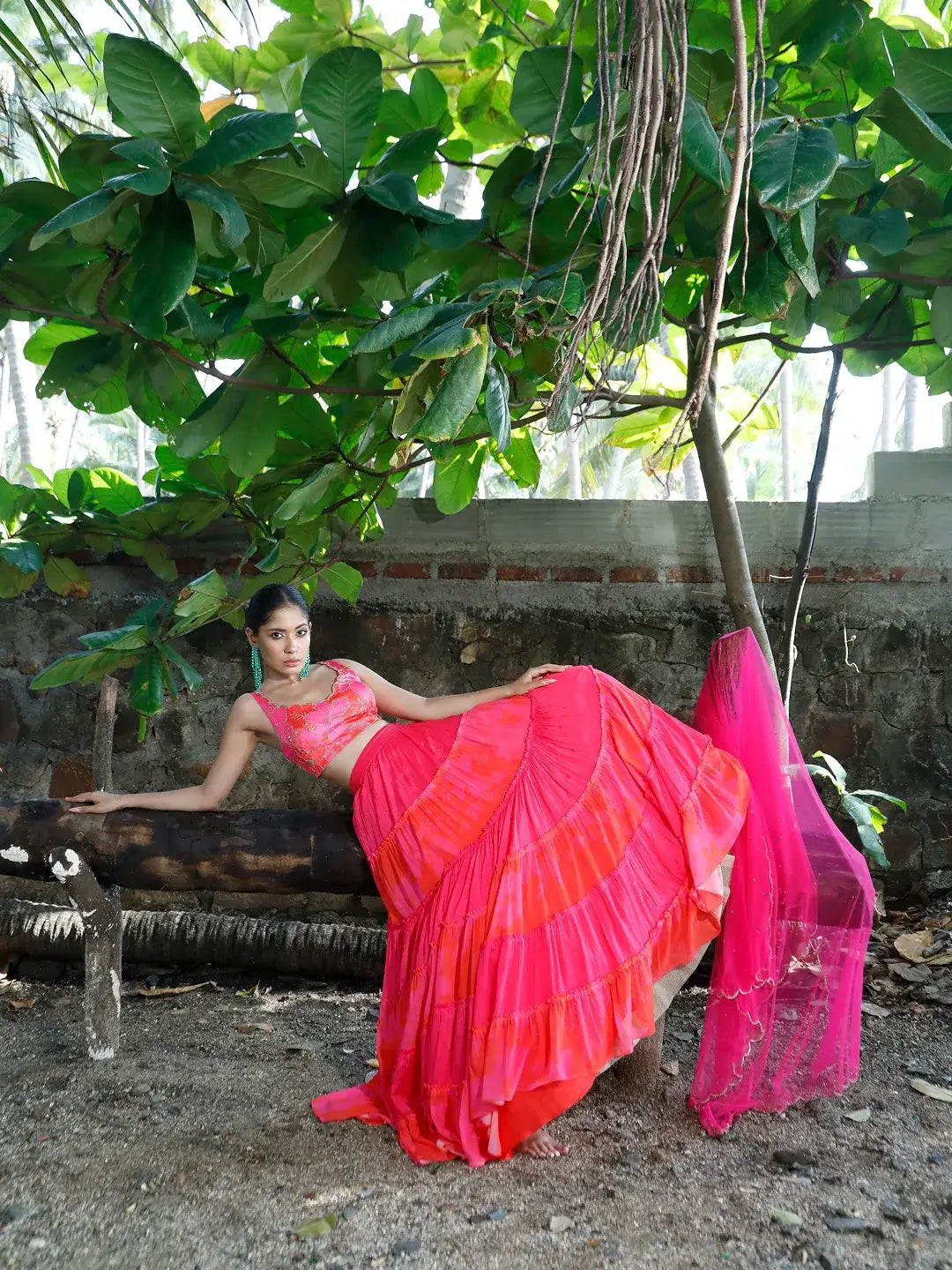 Pink/Red Printed Tiered Lehenga Set