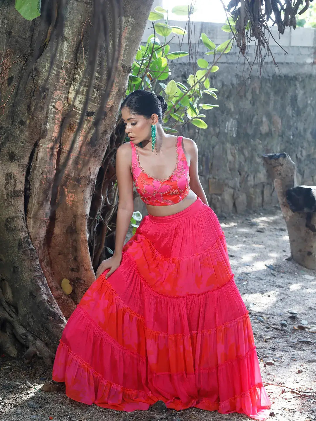 Pink/Red Printed Tiered Lehenga Set