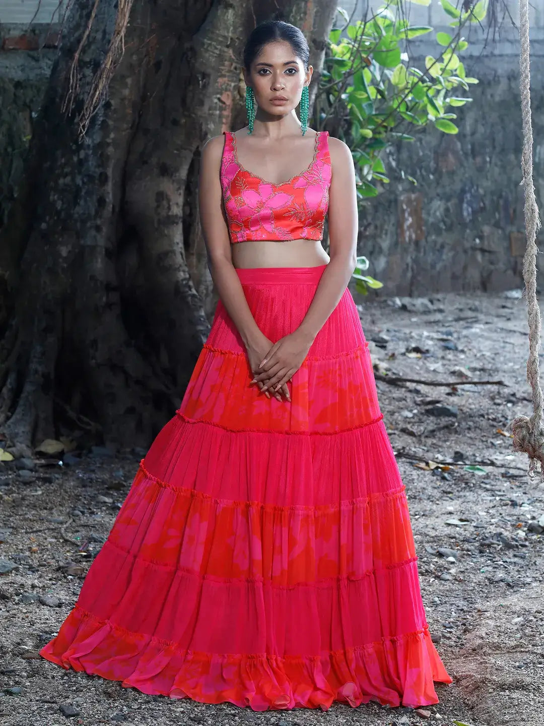 Pink/Red Printed Tiered Lehenga Set