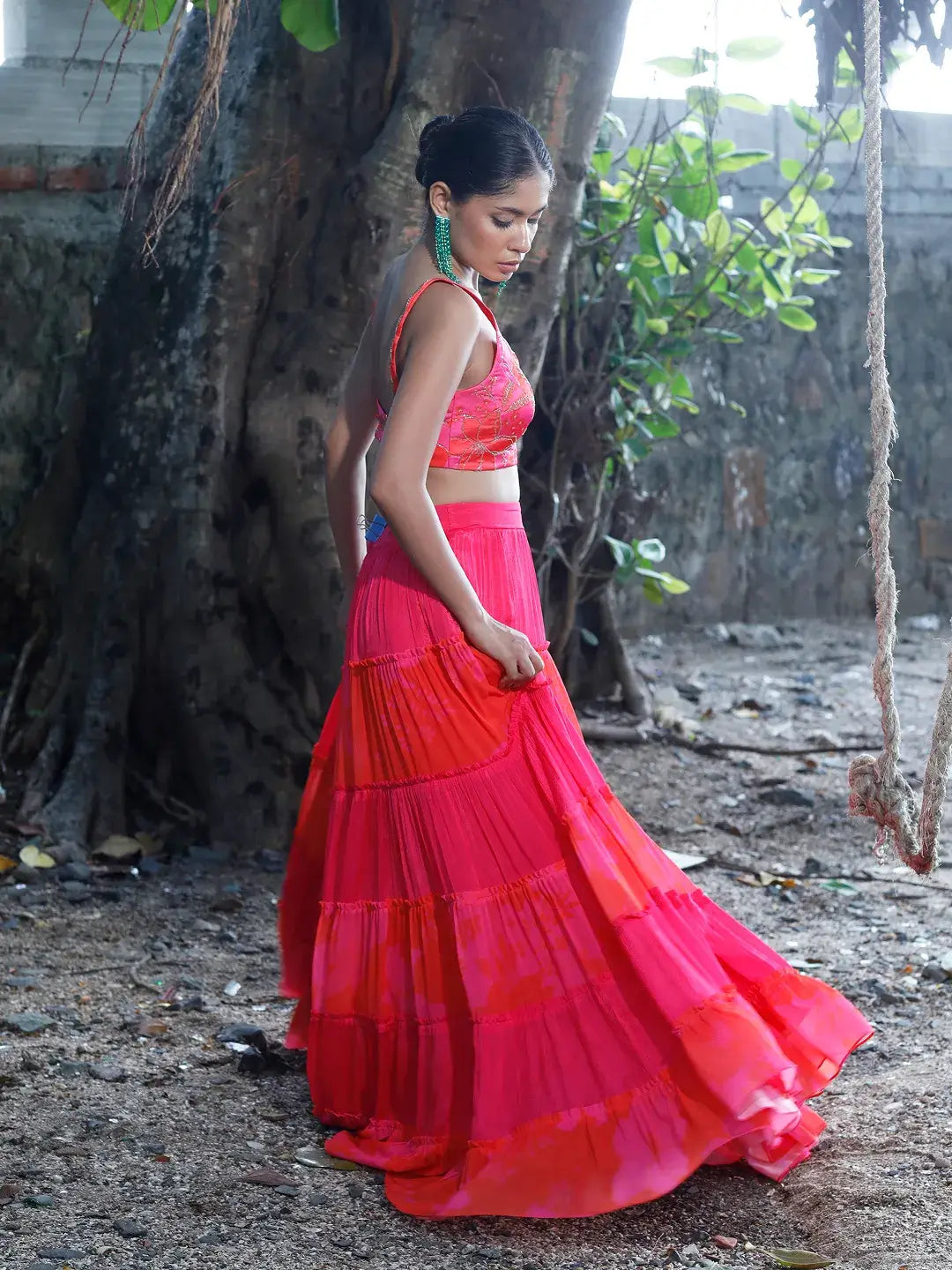 Pink/Red Printed Tiered Lehenga Set