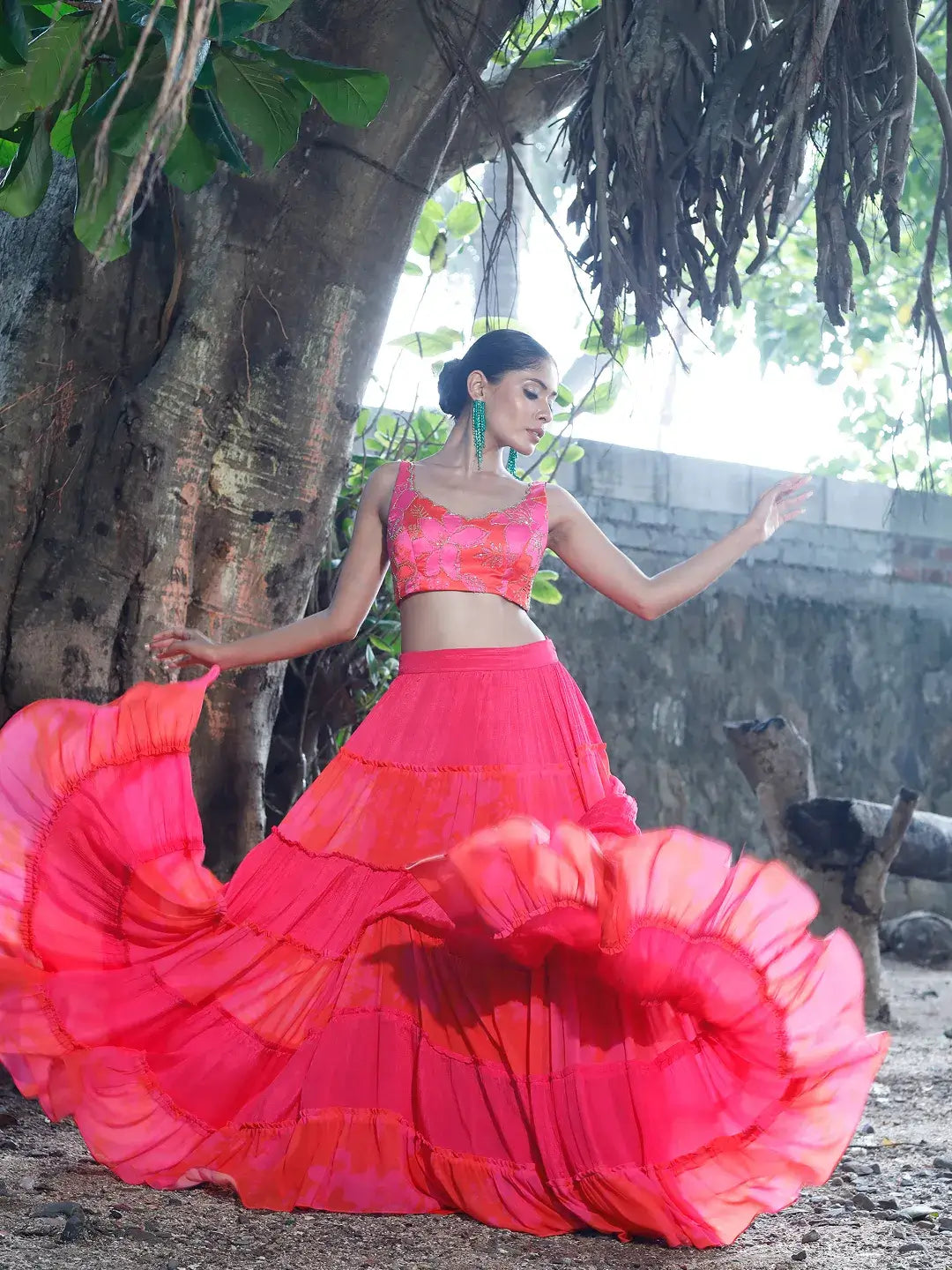 Pink/Red Printed Tiered Lehenga Set
