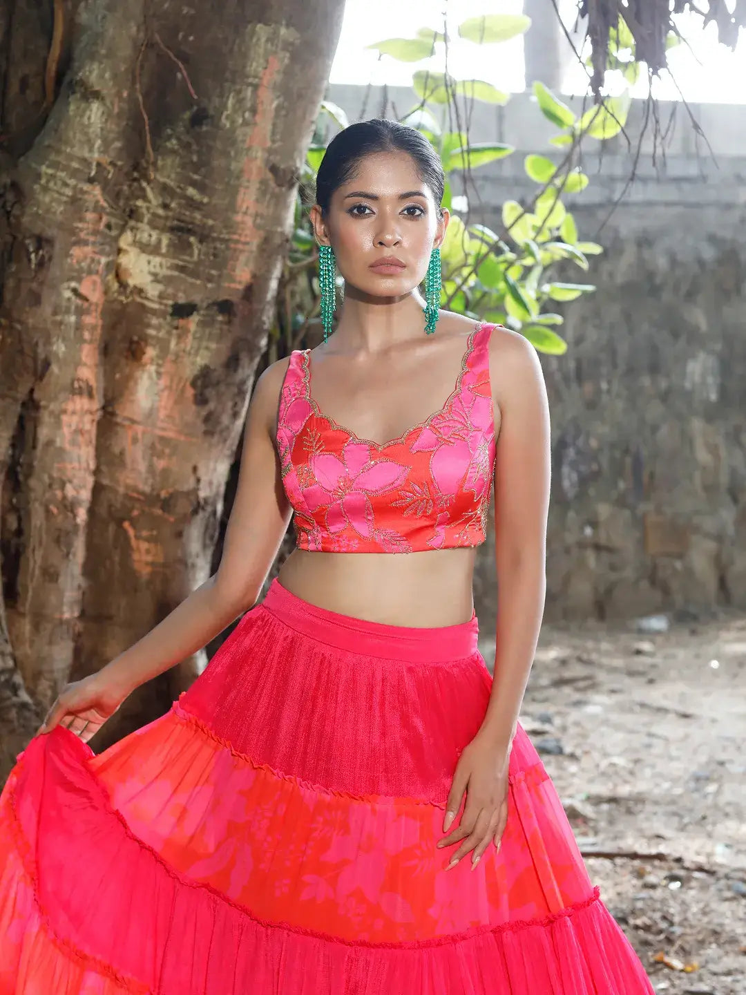 Pink/Red Printed Tiered Lehenga Set