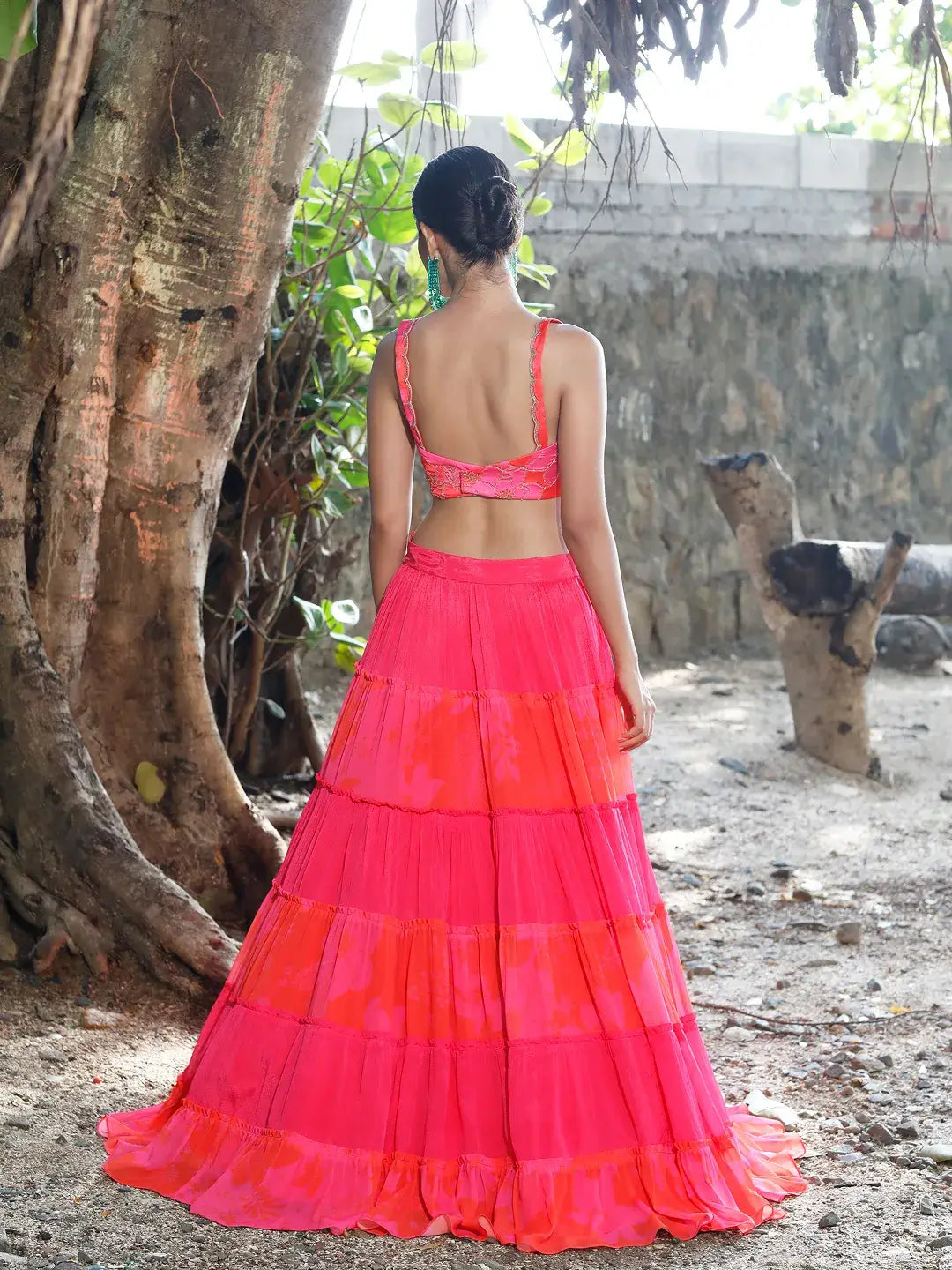 Pink/Red Printed Tiered Lehenga Set