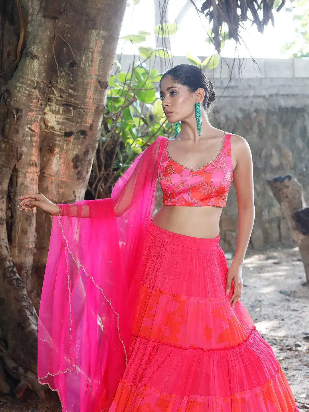 Pink/Red Printed Tiered Lehenga Set