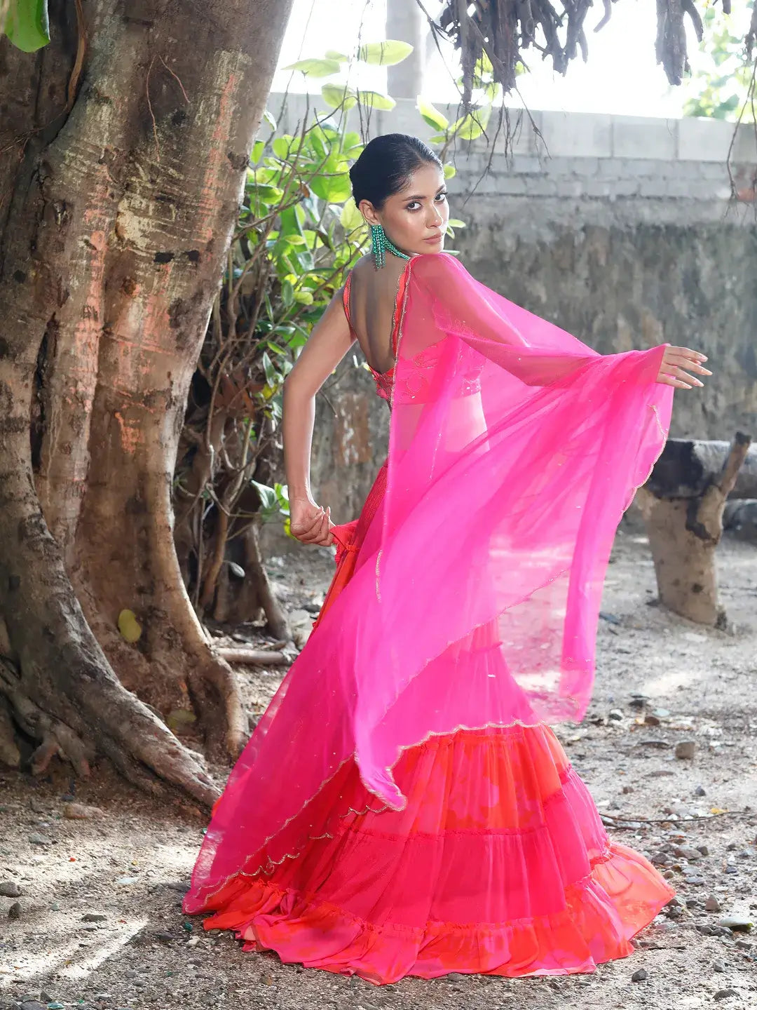 Pink/Red Printed Tiered Lehenga Set