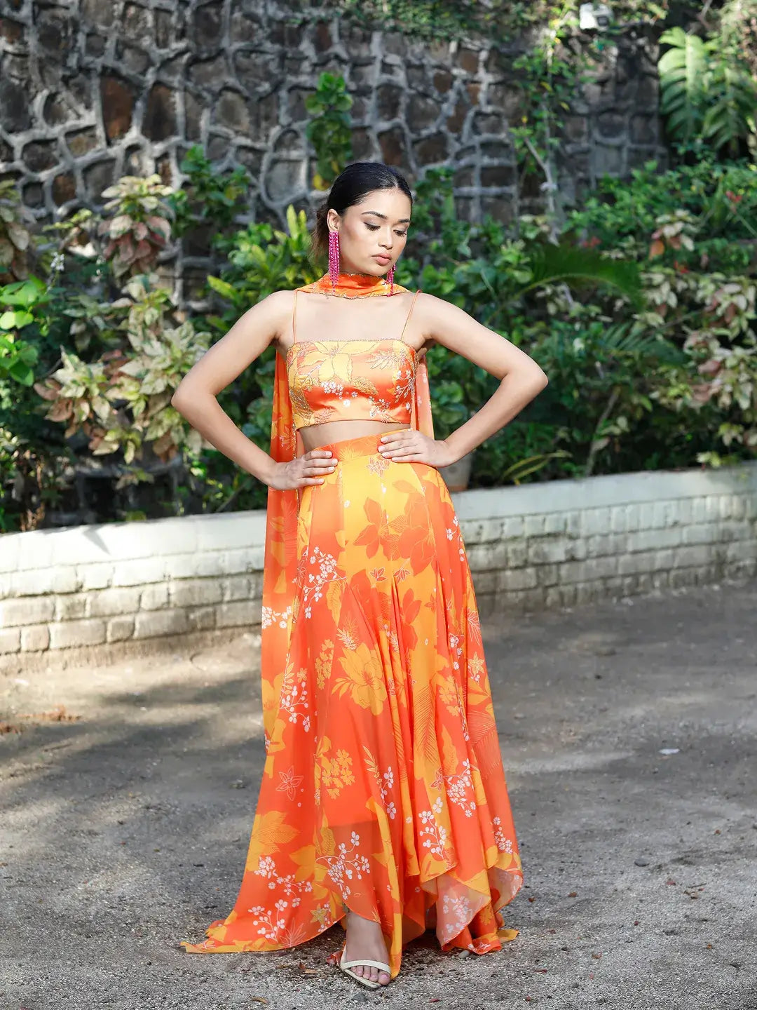 Yellow/Orange Printed High-Low Skirt Set