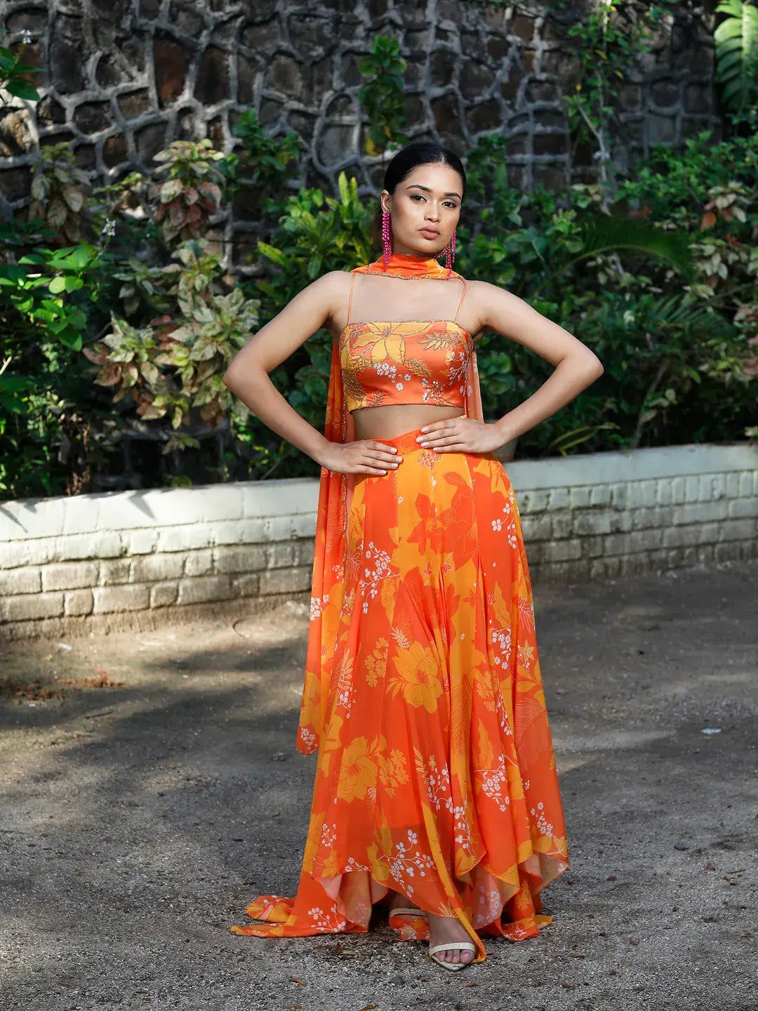 Yellow/Orange Printed High-Low Skirt Set