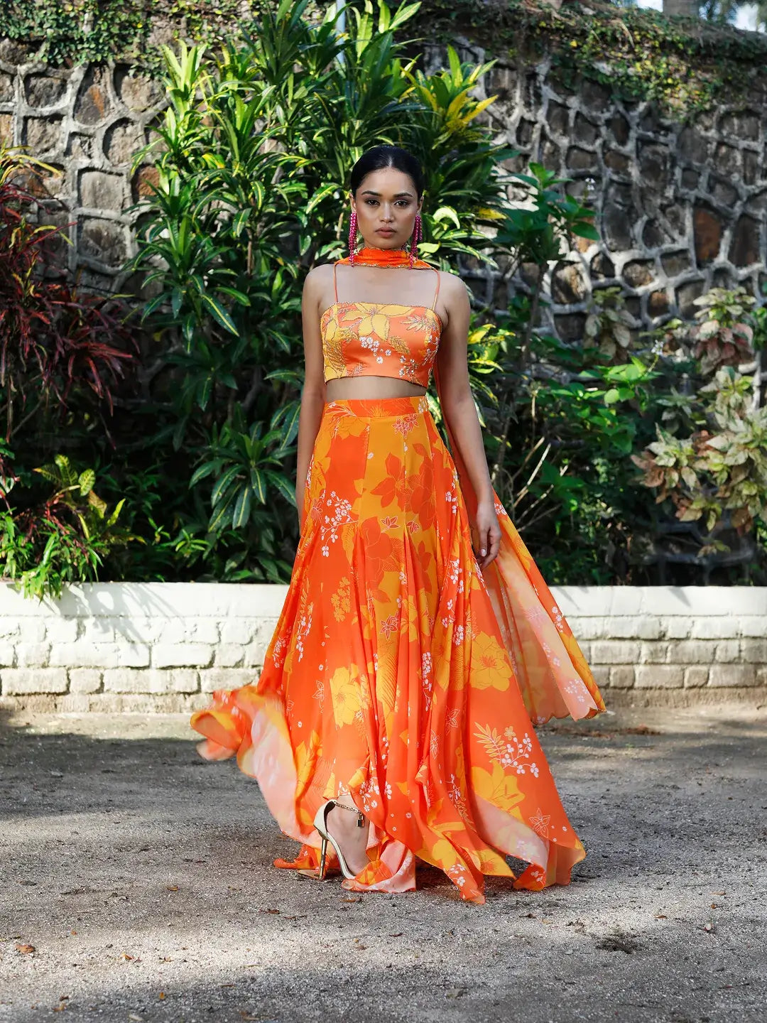 Yellow/Orange Printed High-Low Skirt Set