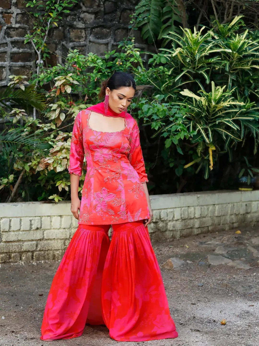 Pink/Red Printed Scoop Scallop Sharara Set