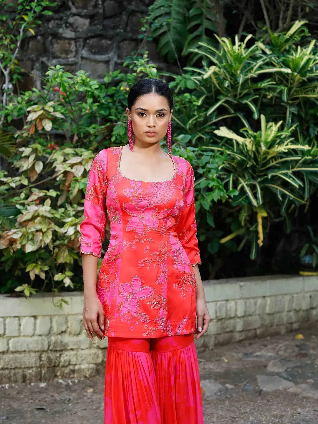 Pink/Red Printed Scoop Scallop Sharara Set
